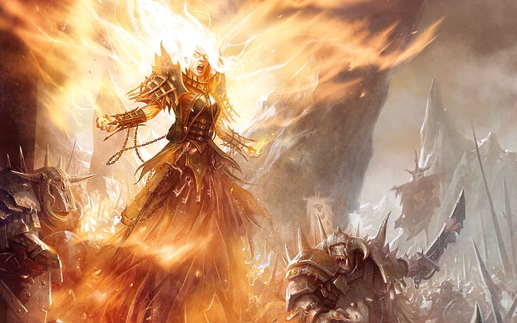огненный игровой персонаж обои, Warhammer, магия, фэнтези арт, HD обои