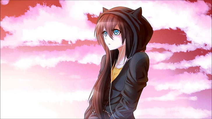 mulher de cabelos castanho, vestindo capuz preto anime personagem digital papel de parede, nightcore, perdoado, anime, menina, orelhas, arte, HD papel de parede