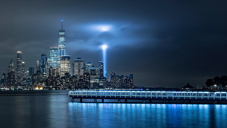 الأفق ، مركز التجارة العالمي واحد ، الليل ، ناطحة سحاب ، مدينة نيويورك ، الولايات المتحدة الأمريكية ، مانهاتن المنخفض ، مانهاتن، خلفية HD