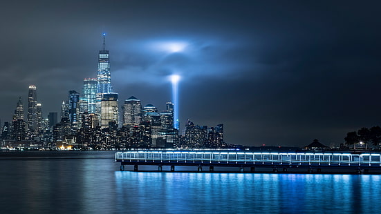 Skyline, One World Trade Center, noche, rascacielos, Nueva York, Estados Unidos, Lower Manhattan, Manhattan, Fondo de pantalla HD HD wallpaper