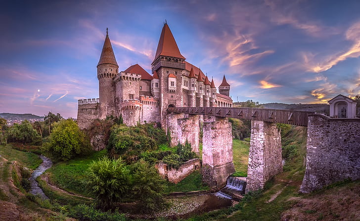 ponte, rio, castelo, Romênia, Transilvânia, Hunedoara, Castelo Corvin, O castelo Corvin, O rio Negro, Rio Cerna, HD papel de parede