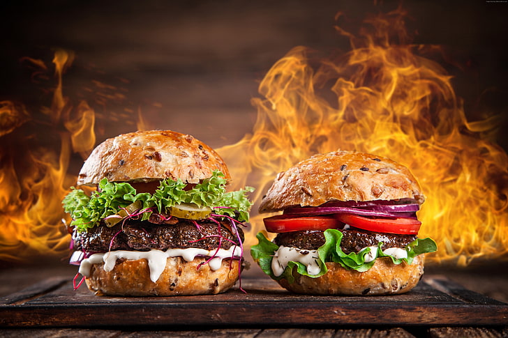 fire, burger, 5K, steak, HD wallpaper