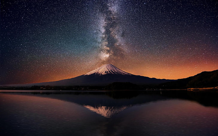 siyah ve beyaz dağ, Fuji Dağı, Japonya, Samanyolu, volkan, uzay sanatı, dijital sanat, yansıma, doğa, gökyüzü, HD masaüstü duvar kağıdı