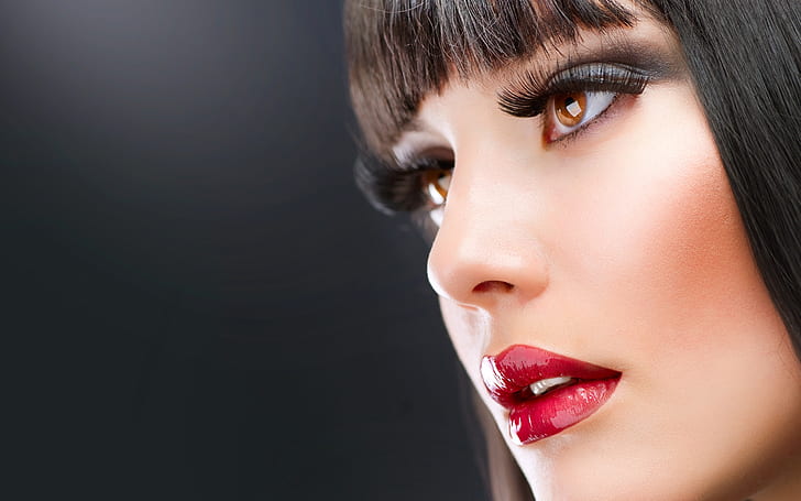 women, face, portrait, model, simple background, eyes, black hair, red lipstick, makeup, HD wallpaper
