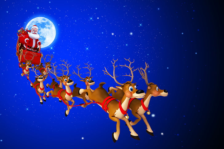 Санта на санях цифровые обои, небо, звёзды, подарки, Новый год, небо, полнолуние, северный олень, счастливого Рождества, дед мороз, приход Санта-Клауса, сани санты, рождественский дух, дух рождества, HD обои