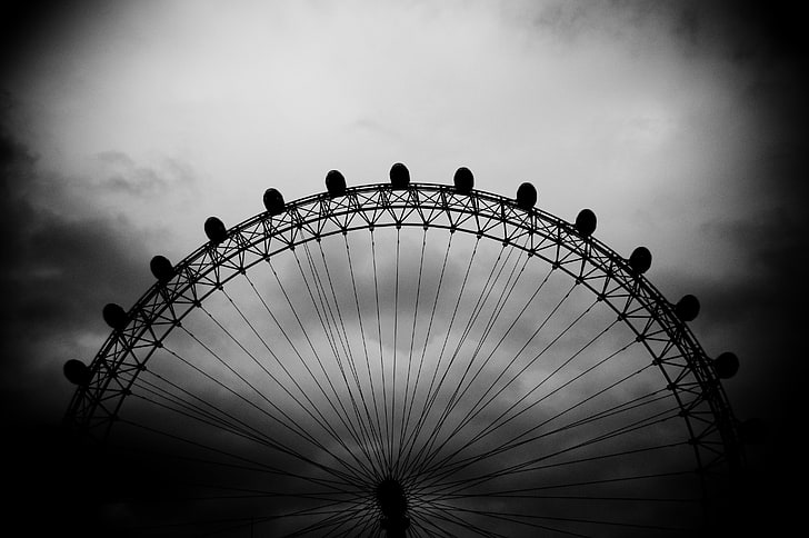 London Eye, the sky, black and white, london eye, HD wallpaper