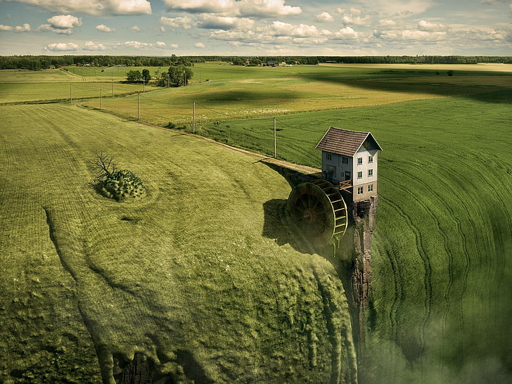 brown and white wooden house, nature, landscape, Photoshop, digital art, surreal, Erik Johansson, house, mill, field, clouds, utility pole, photo manipulation, HD wallpaper