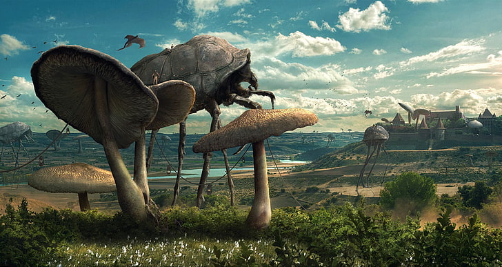 beige mushrooms and large creatures digital wallpaper, science fiction, insect, coexist, nature, The Elder Scrolls III: Morrowind, Silt Strider, fantasy art, video games, HD wallpaper