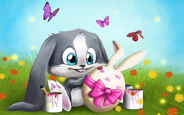 Holiday, Easter, Bunny, Butterfly, Easter Egg, Field, Flower, Painting, HD wallpaper