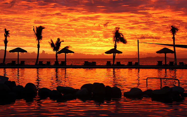 Fijian Sunset, black, coastal, fiji, orange, palmtrees, photography, silhouette, sky, sunset, tropical, water, HD wallpaper
