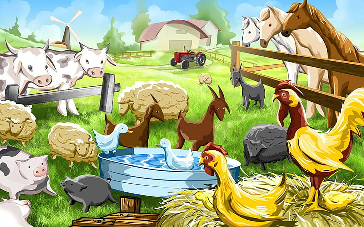 Farm animals, animal farm sketch, vector, 1920x1200, chicken, goat, horse, sheep, farm, HD wallpaper