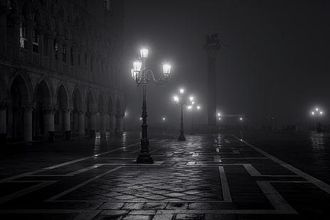 poste lumière, nuit, la ville, brouillard, lumières, Italie, Venise, noir et blanc, Piazza San Marco, Fond d'écran HD HD wallpaper