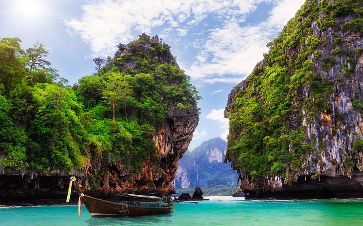 Ao Nang, Krabi, Thailand, bay, ocean, boat, rocks, mountains, rock monolith, Thailand, Bay, Ocean, Boat, Rocks, Mountains, HD wallpaper
