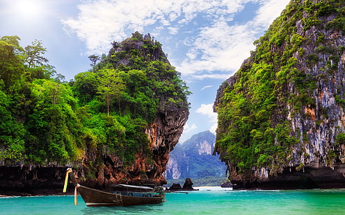 Ao Nang, Krabi, Tajlandia, zatoka, ocean, łódź, skały, góry, monolit skalny, Tajlandia, zatoka, ocean, łódź, skały, góry, Tapety HD HD wallpaper