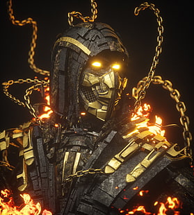  billelis, dark, Mortal Kombat, Mortal Kombat 11, Scorpion (character), gold, HD wallpaper HD wallpaper