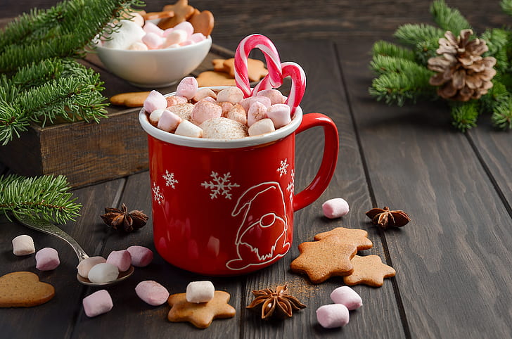 decoration, New Year, Christmas, mug, cup, cocoa, xmas, Merry, hot chocolate, marshmallow, marshmallows, HD wallpaper