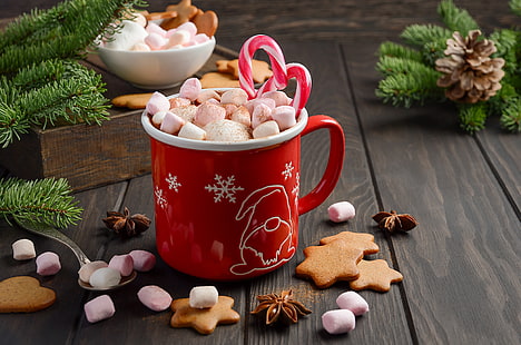 decoration, New Year, Christmas, mug, cup, cocoa, xmas, Merry, hot chocolate, marshmallow, marshmallows, HD wallpaper HD wallpaper