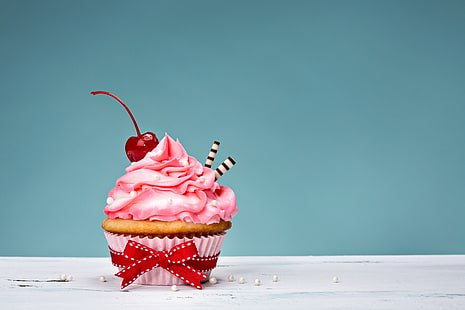 弓、ケーキ、クリーム、お誕生日おめでとう、ピンク、甘い、カップケーキ、デザート、 HDデスクトップの壁紙 HD wallpaper