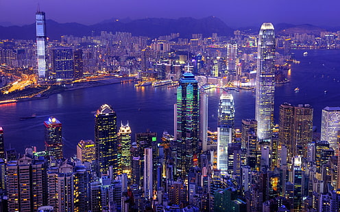 Asia City-Hong Kong-China-Port Victoria Harbour Skyscrapers-buildings-lit night-light-Desktop-Wallpaper 2560×1600, HD wallpaper HD wallpaper