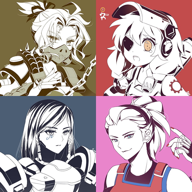 collage de cuatro personajes de anime, Overwatch, Zarya (Overwatch), Pharah (Overwatch), Torbjörn (Overwatch), Roadhog (Overwatch), collage, Fondo de pantalla HD