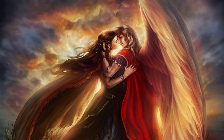 하늘에서 날개 커플 키스, 두 천사 캐릭터, 사랑, 커플, 날개, 키스, 천국, HD 배경 화면