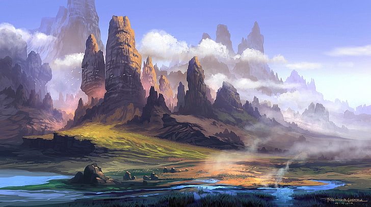 гора возле водоема живопись, облака, пейзаж, горы, туман, река, камни, скалы, арт, Фердинанд Ладера, HD обои