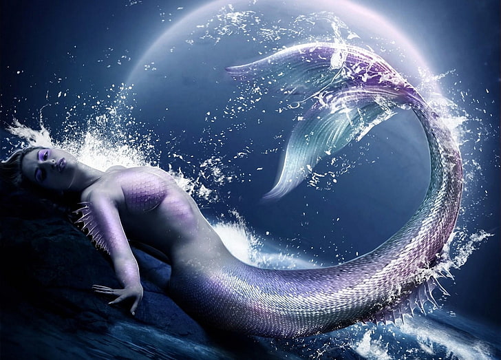 siren illustration, mermaid, water, spray, moon, HD wallpaper