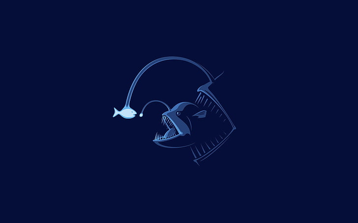ilustrasi anglerfish, sederhana, minimalis, biru, laut, ikan, latar belakang biru, karya seni, seni digital, Wallpaper HD