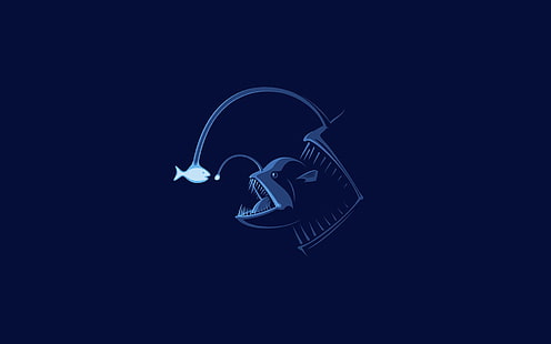 ilustrasi anglerfish, sederhana, minimalis, biru, laut, ikan, latar belakang biru, karya seni, seni digital, Wallpaper HD HD wallpaper