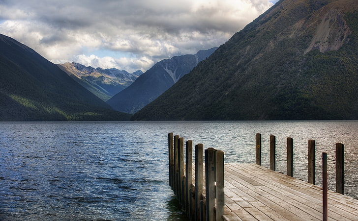 Lake Pontoon, New Zealand, gray wooden dock facing mountain near sea, Oceania, New Zealand, Lake, Wooden, Mountains, Clouds, Pontoon, HD wallpaper
