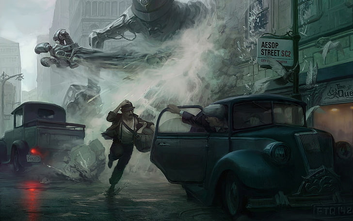 person running away from gray robot illustration, fantasy art, futuristic, HD wallpaper