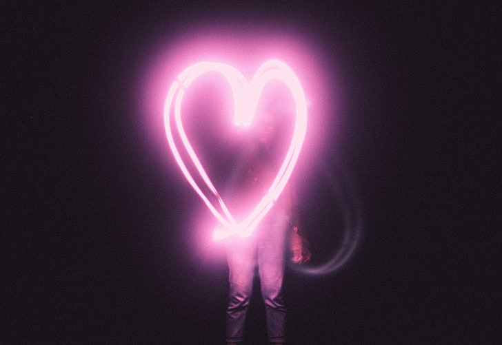 pink heart illustration, heart, light, man, HD wallpaper