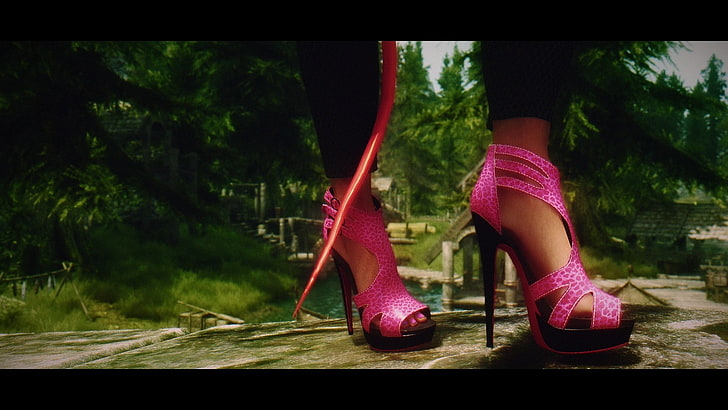 pink-and-black peep-toe platform stilettos, tartan, horns, grass, high heels, HD wallpaper