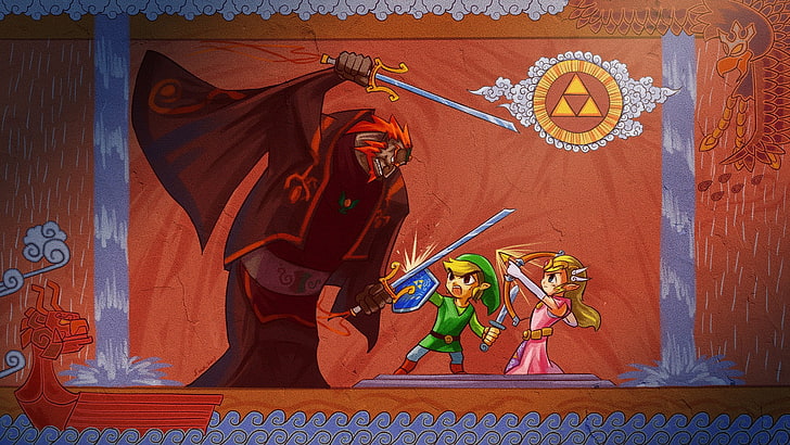 Zelda illustration, The Legend of Zelda, Link, Zelda, Triforce, Ganondorf, Princess Zelda, Hylian Shield, HD wallpaper