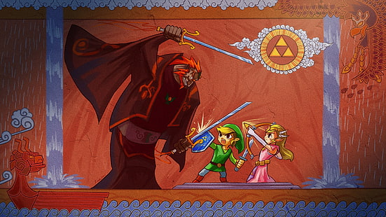 Zelda illustration, The Legend of Zelda, Link, Zelda, Triforce, Ganondorf, Princess Zelda, Hylian Shield, HD tapet HD wallpaper