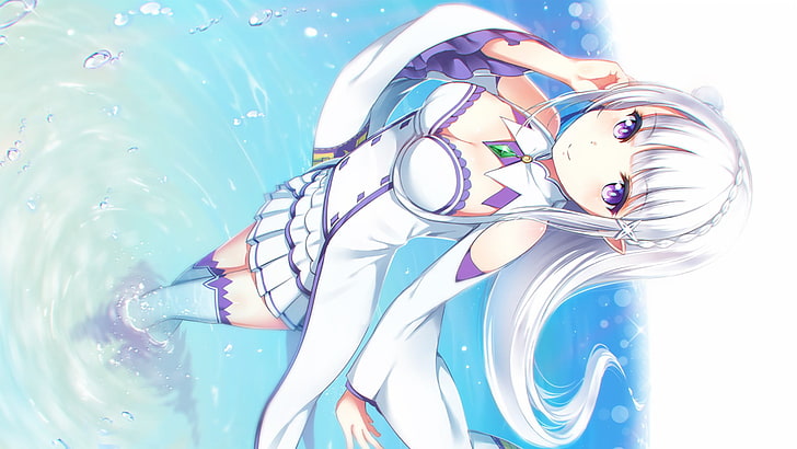personaje de anime femenino de pelo blanco, Re: Zero Kara Hajimeru Isekai Seikatsu, Emilia (Re: Zero), escote, muslos, Fondo de pantalla HD