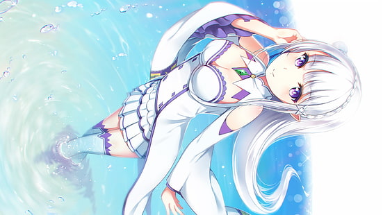 personaggio anime femminile dai capelli bianchi, Re: Zero Kara Hajimeru Isekai Seikatsu, Emilia (Re: Zero), scollatura, calze, Sfondo HD HD wallpaper