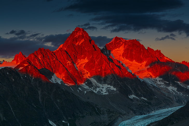 gorros de nieve montaña, puesta de sol, montañas, Alpes franceses, Alpenglow sobre el glaciar d'Argentiere, Fondo de pantalla HD