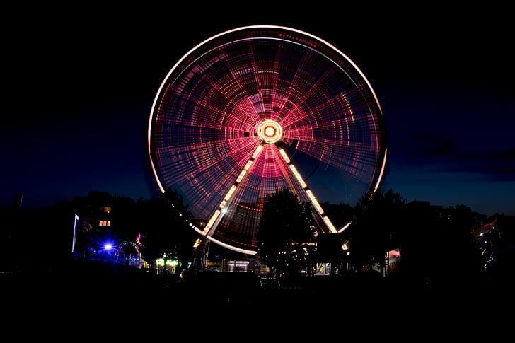 round perris wheel with red LED light while spinning, Ferris wheel, Amusement park, Night, Dark, HD, 5K, HD wallpaper