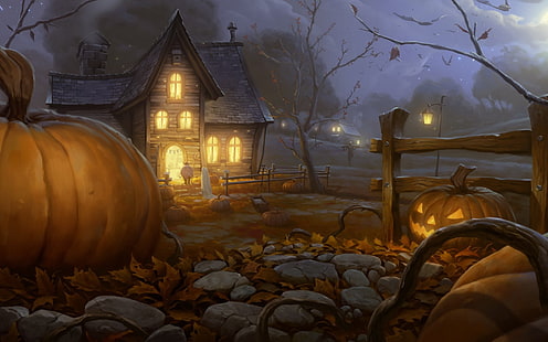 brown and gray concrete house surrounded by pumpkins painting, pumpkin, Halloween, fantasy art, HD wallpaper HD wallpaper