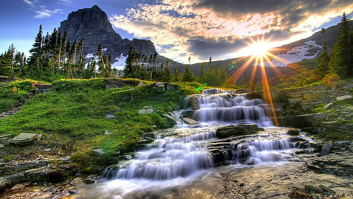 krajobraz, woda, wodospad, góry, światło słoneczne, niebo, przyroda, HDR, słońce, chmury, Tapety HD