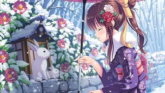 anime, girl, beauty, winter, rabbits, snow, 4k, HD wallpaper HD wallpaper