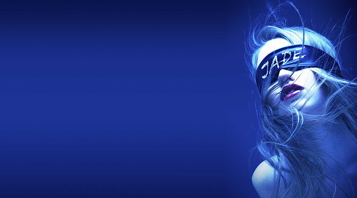 X Japan, blindfold, album covers, blue background, long hair, women, face, model, HD wallpaper