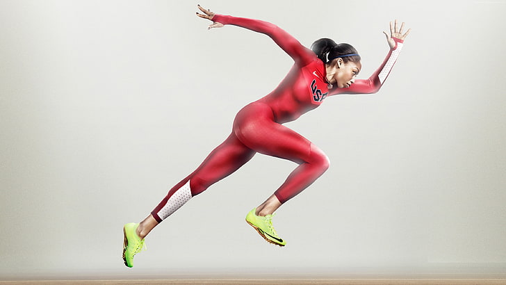 running, red, women, Allyson Felix, nike, athlete, HD wallpaper