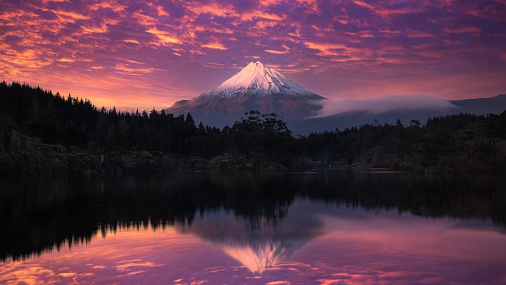 landscape, nature, photography, mountains, sky, reflection, Mount Taranaki, New Zealand, peak, sunset, forest, trees, HD wallpaper