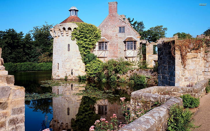 Château de Scotney, bâtiment en béton brun, eau, mur, étang, campagne, nature et paysages, Fond d'écran HD