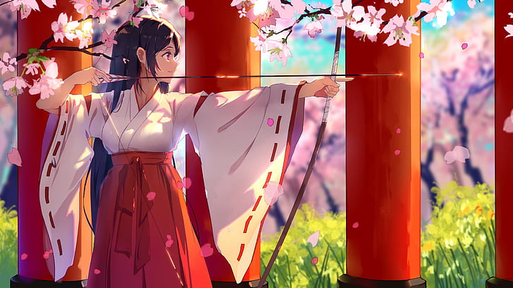 вишня в цвету, мико, аниме девушки, японское кимоно, лук, красные глаза, стрела, брюнетка, аниме, HD обои