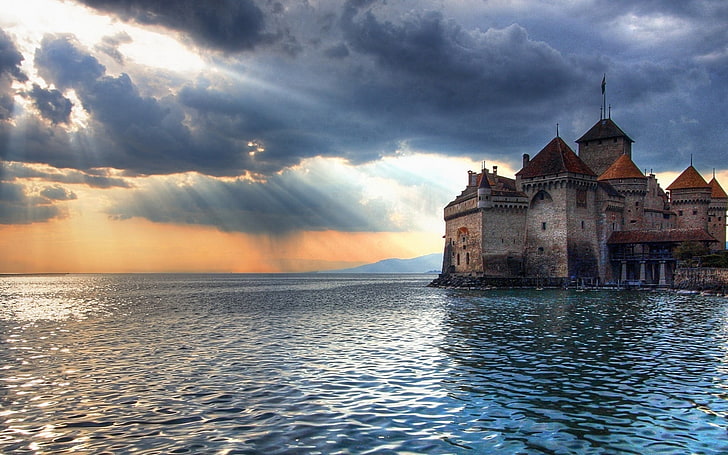 gray and brown concrete building surrounded by body of water, castle, Chillon Castle, Switzerland, Lake Geneva, sun rays, water, HD wallpaper