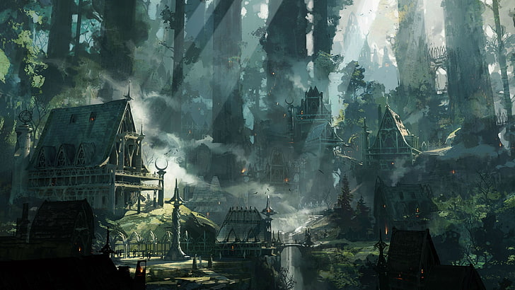 desa di dalam lukisan hutan, seni fantasi, hutan, kabin, desa, pohon, kabut, Wallpaper HD