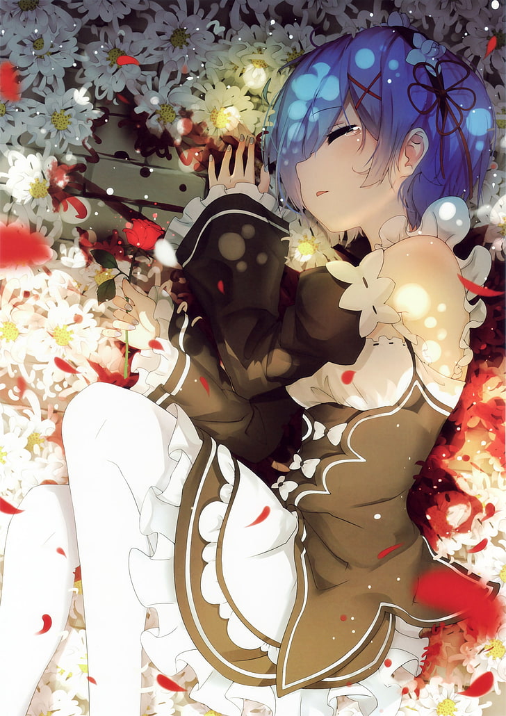 rem, tears, re: zero, lying down, flowers, aqua hair, sleeping, Anime, HD wallpaper